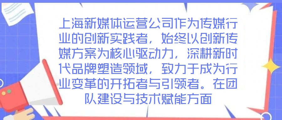 上海新媒體運營公司作為傳媒行業的創新實踐者，始終以創新傳媒方案為核心驅動力，深耕新時代品牌塑造領域，致力于成為行業變革的開拓者與引領者。在團隊建設與技術賦能方面