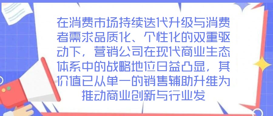 在消費市場持續(xù)迭代升級與消費者需求品質化、個性化的雙重驅動下，營銷公司在現代商業(yè)生態(tài)體系中的戰(zhàn)略地位日益凸顯，其價值已從單一的銷售輔助升維為推動商業(yè)創(chuàng)新與行業(yè)發(fā)