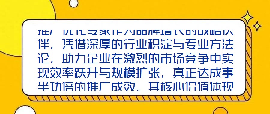 推廣優化專家作為品牌增長的戰略伙伴，憑借深厚的行業積淀與專業方法論，助力企業在激烈的市場競爭中實現效率躍升與規模擴張，真正達成事半功倍的推廣成效。其核心價值體現