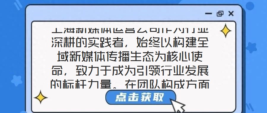 上海新媒體運營公司作為行業深耕的實踐者，始終以構建全域新媒體傳播生態為核心使命，致力于成為引領行業發展的標桿力量。在團隊構成方面，公司匯聚了一批兼具創新思維與實